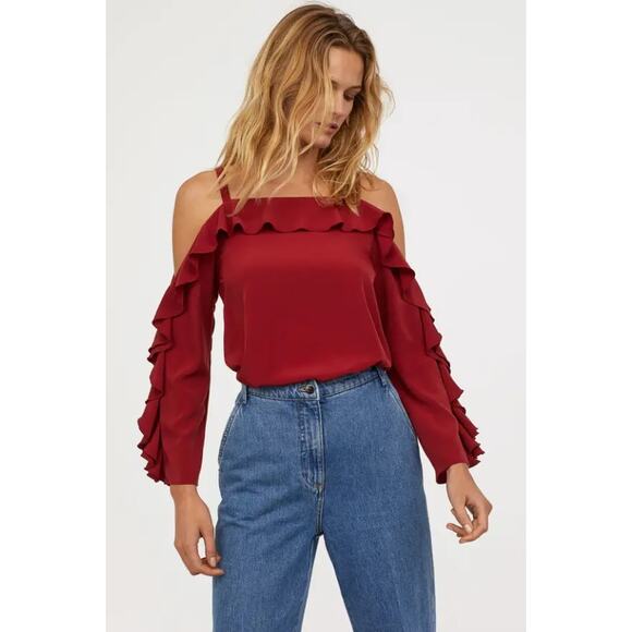 H&M Burgundy Ruffle Cold Shoulder Top Size 4 - Picture 1 of 9